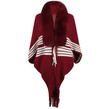 Load image into Gallery viewer, Fringe Cape Shawl with Knit Stripes and Fur Scarf