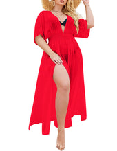 Load image into Gallery viewer, INVOLAND Womens Plus Size Swimsuit Cover Up Deep V Neck Bathing Suit Swimwear Bikini Coverup Long Split Kaftan Kimono Dress Wine Red ITDinos®