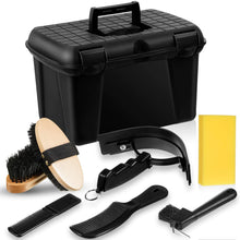 Load image into Gallery viewer, Large Horse Grooming Box Kit 8-piece Horse Brush Set with Box Equine Care Horse Tack Room Equipment Grooming Horse Supplies Black Plastic Tool Box