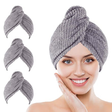 Load image into Gallery viewer, Kldnkig Microfiber Hair Towel Wrap 3 Pack (Gray) Soft Hair Drying Towel Hair Turban Towel Set Curly Ultra Absorbent Twist Hair Turban Drying Cap Hair Wrap Shower Cap & Hair Accessories for Woman ITDinos®