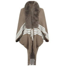 Load image into Gallery viewer, Fringe Cape Shawl with Knit Stripes and Fur Scarf