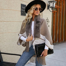 Load image into Gallery viewer, Fringe Cape Shawl with Knit Stripes and Fur Scarf