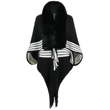Load image into Gallery viewer, Fringe Cape Shawl with Knit Stripes and Fur Scarf
