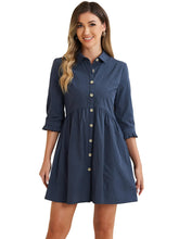 Load image into Gallery viewer, Allegra K Womens Casual Shirt Dress Ruched 3/4 Sleeve Button Down Work Mini Dresses X-Small Navy Blue ITDinos®