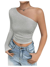Load image into Gallery viewer, Floerns Womens One Shoulder Long Sleeve Ruched Side Crop Tops Tee Shirt Grey Medium ITDinos®