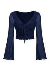 Load image into Gallery viewer, Womens Plus Size Mesh Tops Lace Coquette Bow Tie Front Bell Sleeve Shirt Crop Top Deep Blue 3XL ITDinos®