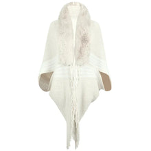 Load image into Gallery viewer, Fringe Cape Shawl with Knit Stripes and Fur Scarf