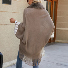 Load image into Gallery viewer, Fringe Cape Shawl with Knit Stripes and Fur Scarf
