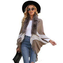 Load image into Gallery viewer, Fringe Cape Shawl with Knit Stripes and Fur Scarf