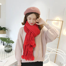 Load image into Gallery viewer, Pom-Pom Fringe Scarf, Knit Solid Color Shawl