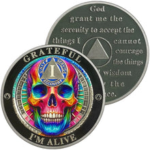 Load image into Gallery viewer, 1 Year Colorful Head Bone Sobriety Coin | AA Chip Medallion with Serenity Prayer | Anniversary Token for Men & Women in Recovery | AA Sobriety Gifts Medallion for Month & Year Milestones ITDinos®