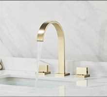 Load image into Gallery viewer, Brushed Gold Double Handle Basin Faucet with Three Holes