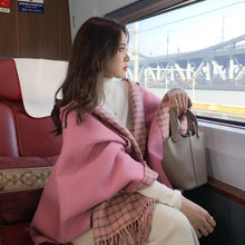 Load image into Gallery viewer, Reversible Plaid Print Scarf Shawl with Fringe Hood