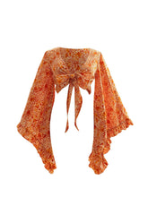 Load image into Gallery viewer, Womens Floral 70s Top Hippie Shirt Bow Tie Front Disco Deep V Ruffle Blouse Long Bell Sleeve Boho Crop Tops Orange Medium ITDinos®