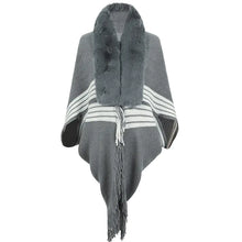 Load image into Gallery viewer, Fringe Cape Shawl with Knit Stripes and Fur Scarf
