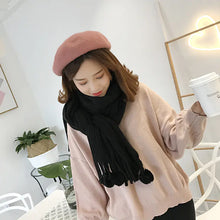 Load image into Gallery viewer, Pom-Pom Fringe Scarf, Knit Solid Color Shawl