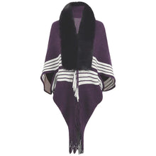 Load image into Gallery viewer, Fringe Cape Shawl with Knit Stripes and Fur Scarf