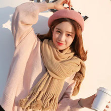 Load image into Gallery viewer, Pom-Pom Fringe Scarf, Knit Solid Color Shawl
