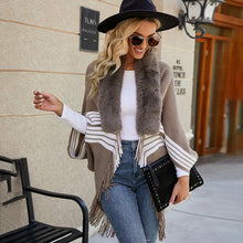 Load image into Gallery viewer, Fringe Cape Shawl with Knit Stripes and Fur Scarf
