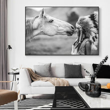 Lade das Bild in den Galerie-Viewer, Black and White Native Indian with Horse Portrait Canvas Art Scandinavian Poster Print Wall Picture Itdinos