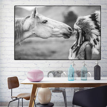 Lade das Bild in den Galerie-Viewer, Black and White Native Indian with Horse Portrait Canvas Art Scandinavian Poster Print Wall Picture Itdinos
