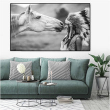 Lade das Bild in den Galerie-Viewer, Black and White Native Indian with Horse Portrait Canvas Art Scandinavian Poster Print Wall Picture Itdinos