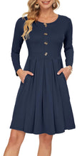 Load image into Gallery viewer, Womens Long Sleeve Dress Button Front Winter Pleated Solid Color Ruffle A Line Knee Length Dresses 2024 New Navy Blue XL

