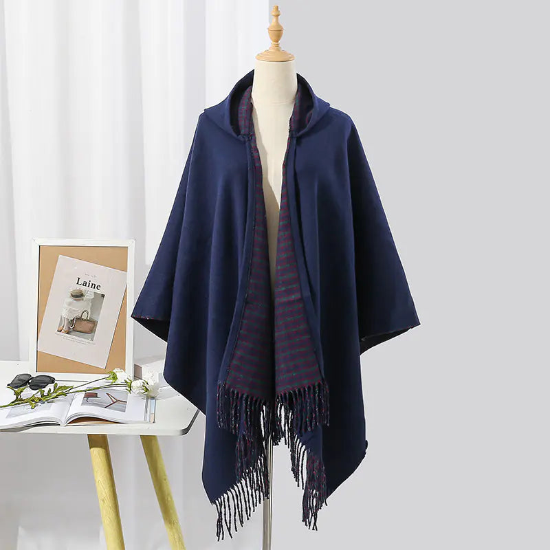 Reversible Plaid Print Scarf Shawl with Fringe Hood