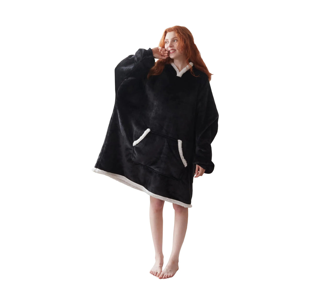 COOVA Wearable Blanket Hoodie Oversized Flannel&Sherpa Hooded for Women and Men Cozy Sweatshirt with Giant Pocket Black ITDinos®