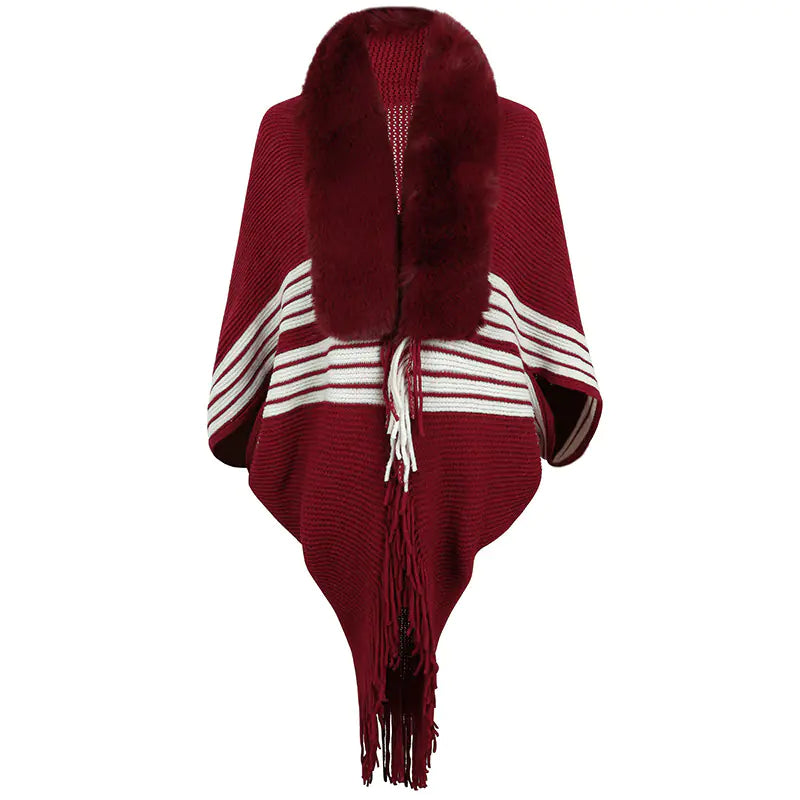 Fringe Cape Shawl with Knit Stripes and Fur Scarf