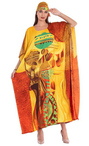 KARACHIC BY NF Women Kaftan Dress African Print Caftan Maxi Dresses For Casual wear Lounge Shopping Cover Up Headwrap Included (Yellow) ITDinos®
