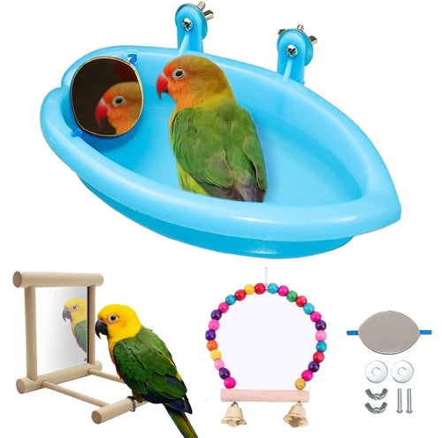Bird Bathtub with Mirror 3 Packs Wooden Bird Mirror Perch Stand Colorful Swing Bird Cage Accessories for Budgerigar Parakeet Cockatiel Conure Lovebird Cockatoo ITDinos®