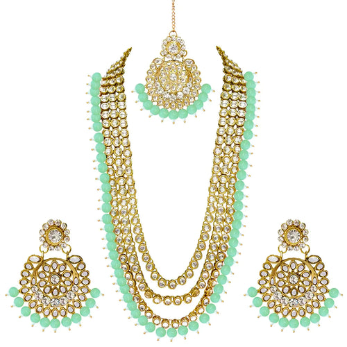 Aheli Indian Ethnic Wedding Faux Kundan Beaded Bridal Long Necklace Earrings with Maang Tikka Traditional Jewelry Set for Women (Mint) ITDinos®