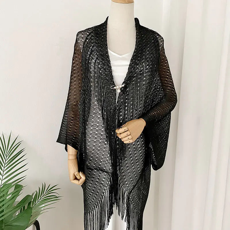 Versatile Long Fringe Shawl with Hollow Design