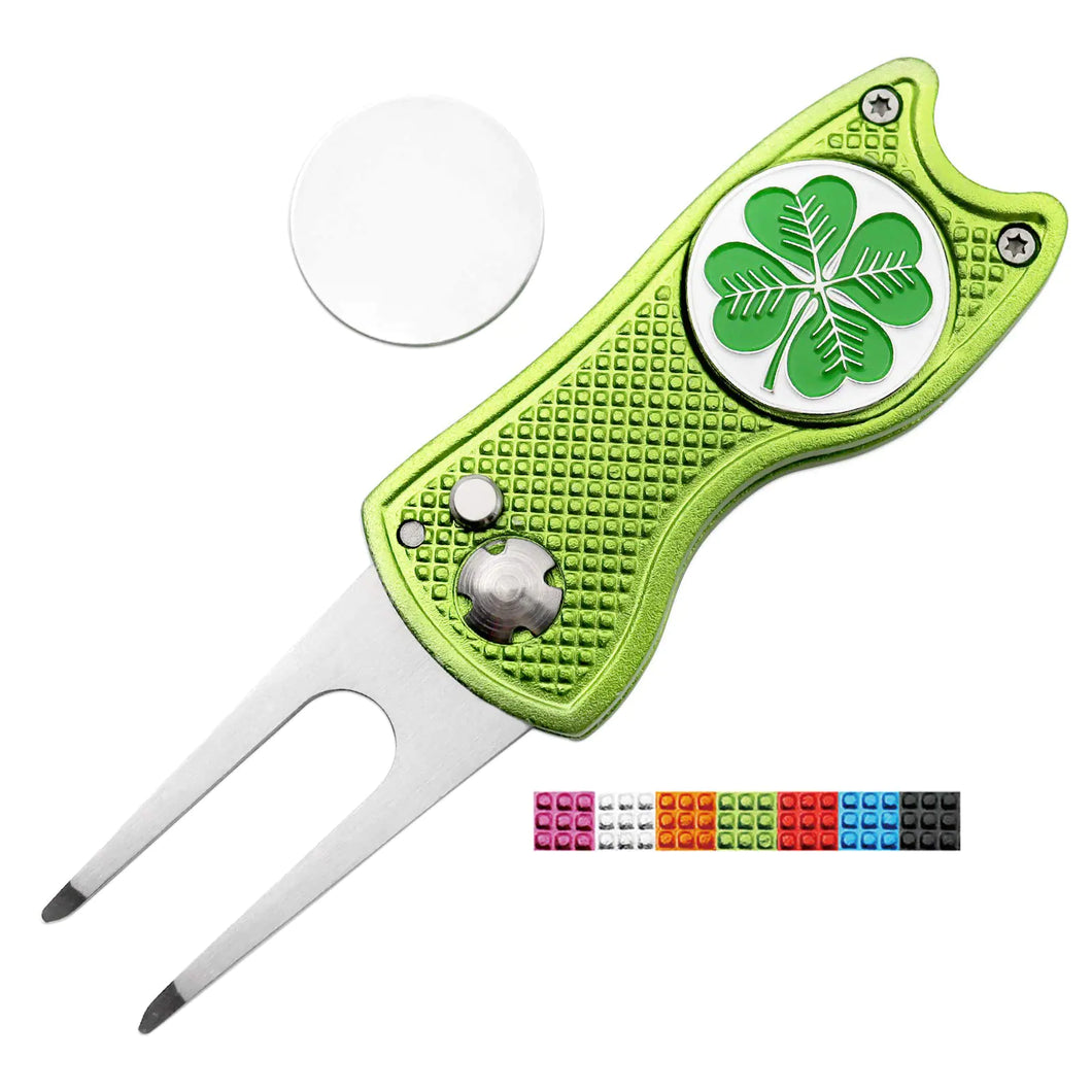 CoverMay Foldable Golf Divot Repair Tool and Golf Ball Markers Set (Green Divot Tool-Clover Marker) ITDinos®