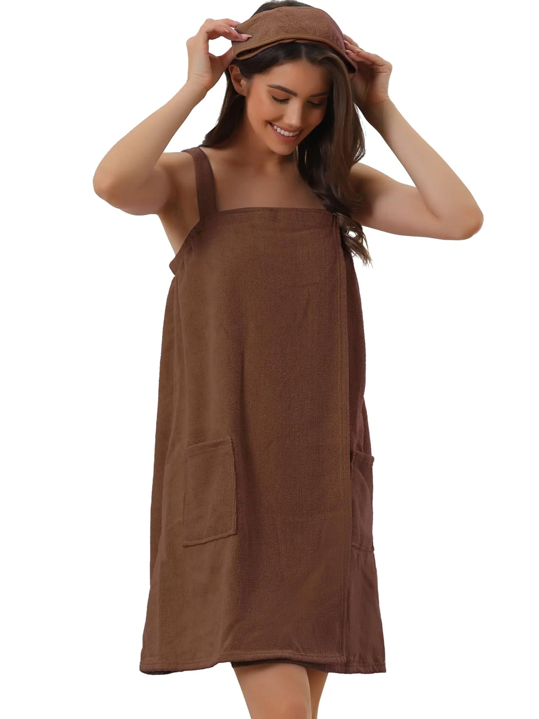 cheibear Womens Towel Dress Terry Wrap Bathrobe Spa Towelling Robe with Strap for Gym Shower Bath Medium Coffee ITDinos®