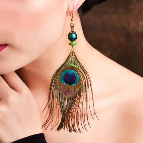Ethnic Yunnan Style Earrings with Glass Peacock Feathers ITDinos®