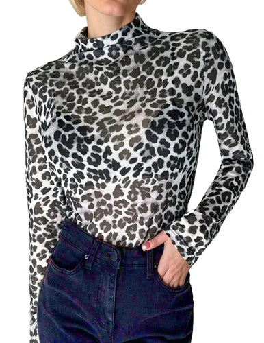 Mesh Top Mesh Shirt Mock Neck Sheer Long Sleeve Tops for Women White Leopard L ITDinos®