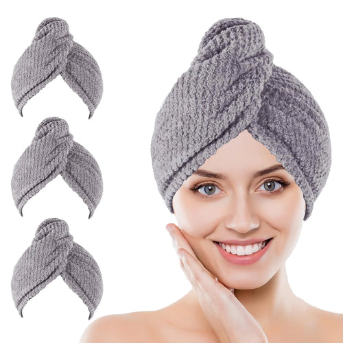 Kldnkig Microfiber Hair Towel Wrap 3 Pack (Gray) Soft Hair Drying Towel Hair Turban Towel Set Curly Ultra Absorbent Twist Hair Turban Drying Cap Hair Wrap Shower Cap & Hair Accessories for Woman ITDinos®