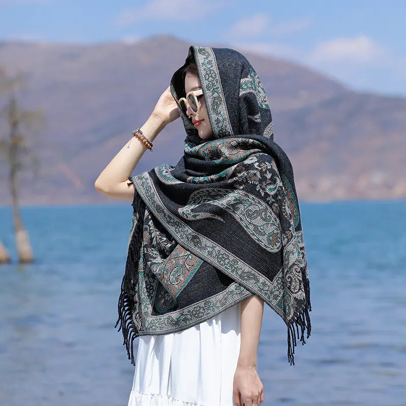 Women's Office Nap Shawl Vintage Scarf with Fringe