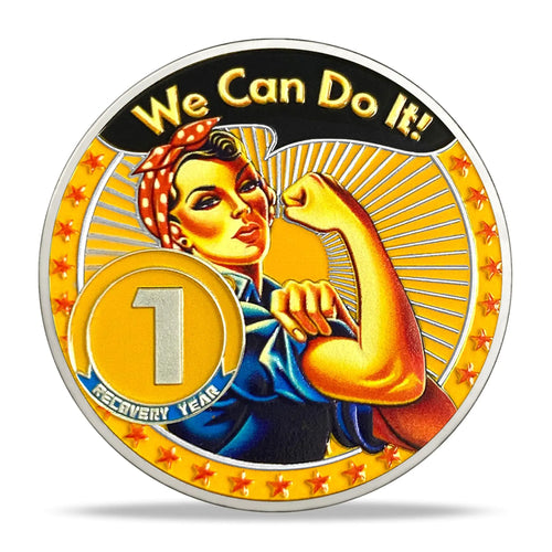 1 Year Sobriety Coin Gifts | Rosie The Riveter AA Coin - HA AA Chip Medallion with Serenity Prayer | Narcotics Alcoholics Anonymous Gifts for Anniversary Month & Year for Men Women in Recovery ITDinos®