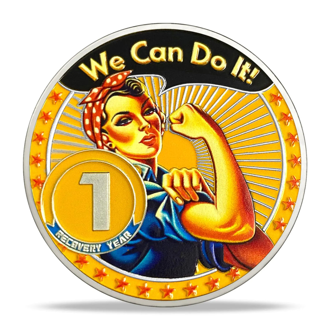 1 Year Sobriety Coin Gifts | Rosie The Riveter AA Coin - HA AA Chip Medallion with Serenity Prayer | Narcotics Alcoholics Anonymous Gifts for Anniversary Month & Year for Men Women in Recovery ITDinos®