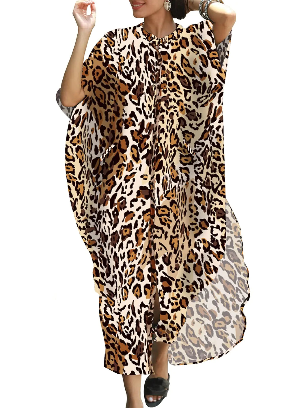 Chunoy Womens Loose Lightweight Summer Kaftan Cheetah Print Button Down Long Beachwear Caftan Cover Up Maxi Dress Leopard ITDinos®