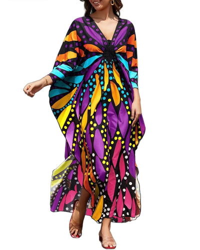 Bsubseach Kaftan Dresses for Women Plus Size Bathing Suit Cover Up V Neck Long Beach Caftan Dress Purple Butterfly ITDinos®