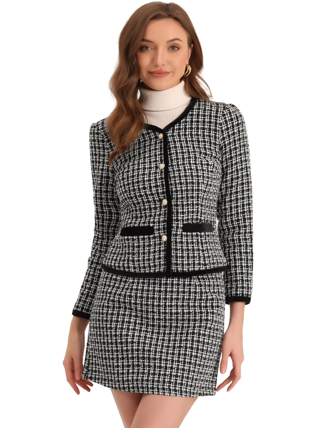 Allegra K Business Suit Set for Womens 2 Piece Outfits Plaid Tweed Short Blazer Jacket and Skirt Sets X-Large Black ITDinos®
