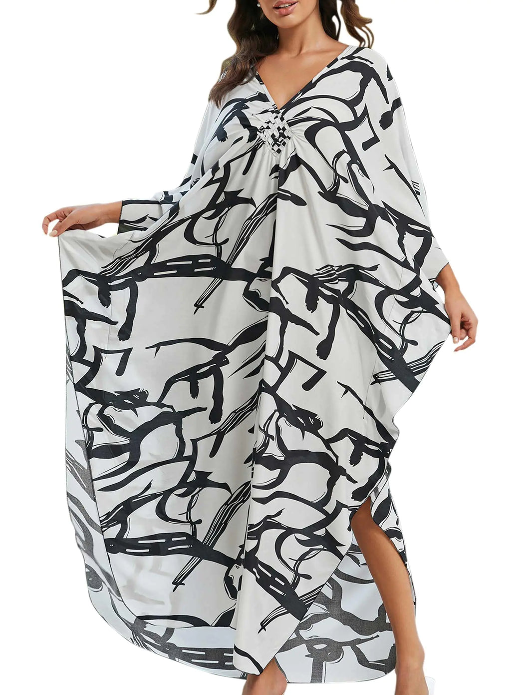 EDOLYNSA Beach Kaftan Cover up for Women Long Caftan Dress Batwing Sleeve Sleepwear Loose Loungewear Lightweight Outfit ITDinos®