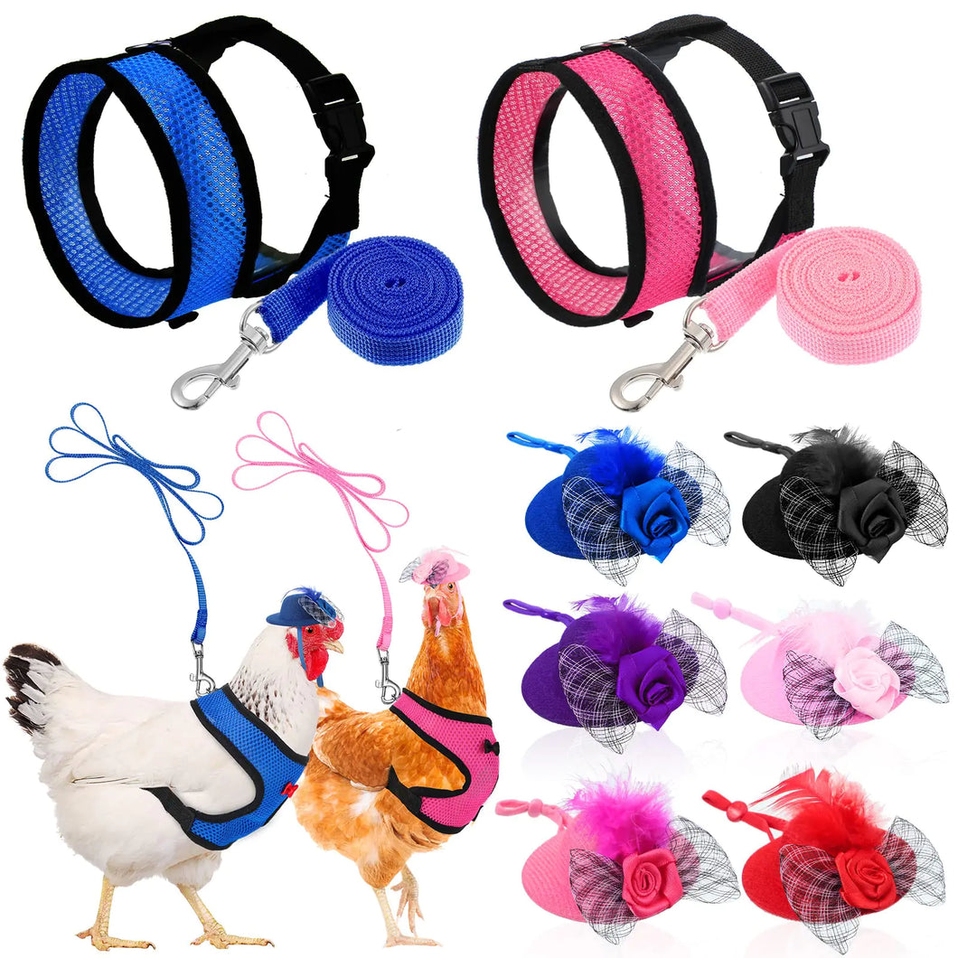 8 Pieces Chicken Leash Chicken Harness and Hat for Hens Funny Chicken Accessories Adjustable Duck Harness and Leash Hat with Elastic Chin Strap for Hens Duck Goose Parrot Small Pets ITDinos®