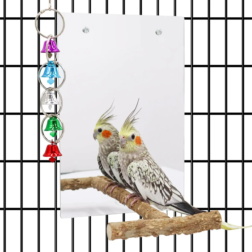 Large Bird Stand Perch with a Mirror and Bells Bird Mirror for Cage Bird Toys Parrot Perch Stand Bird Cage Accessories for African Grey Budgie Cockatiel Lovebird Conure Small to Medium Birds ITDinos®