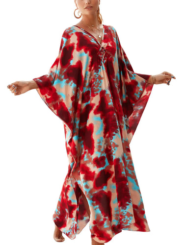 IMAGEKOPE Womens Plus Size Animal Print V-Neck Batwing Kaftan Beach Dress Bathing Suit Cover-Up Loungewear ITDinos®