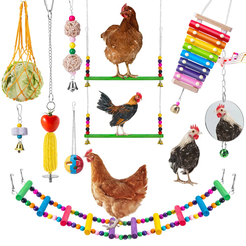 EBaokuup 10PCS Chicken Toys for Hens Chicken Xylophone Toy Chicken Bridge Swing Toys Chicken Pecking Toys Chicken Mirror Toys and Vegetable Hanging Feeder for Chicken Hens ITDinos®